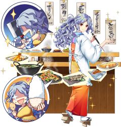 1girl alternate_costume alternate_hairstyle apron bowl breasts chibi chibi_inset cleaver closed_mouth cooking dress fish fish_(food) food food_request food_stand game_cg geta grey_hair grilled_fish highres holding holding_cleaver holding_ladle japanese_clothes kappougi kimono ladle large_breasts long_hair looking_at_viewer looking_back multiple_views nata_(tool) official_art omelet open_mouth orange_kimono ponytail red_eyes rice rice_bowl rotte_(1109) sakata_nemuno sakata_nemuno_(small_restaurant_chef) shamoji single-shoulder_dress single_strap smile socks sparkle tabi tamagoyaki tempura third-party_source touhou touhou_lostword translation_request transparent_background wavy_hair white_socks