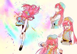 Rule 34 | 1girl, bike shorts, black footwear, black shorts, blue eyes, blush, braid, bright pupils, commentary request, crossed arms, fang, green headwear, green shirt, green skirt, highres, hong meiling, long hair, looking at viewer, multicolored background, multiple views, open mouth, pointing, rainbow gradient, red hair, shirt, shorts, skin fang, skirt, smile, touhou, twin braids, white pupils, ydpfa