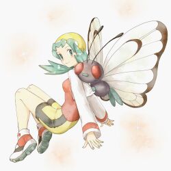 1girl asuka_rkgk bike_shorts blush butterfree closed_mouth commentary flipped_hair gen_1_pokemon green_eyes green_hair hat highres jacket knees kris_(pokemon) long_sleeves looking_to_the_side nintendo open_clothes open_jacket pokemon pokemon_(creature) pokemon_gsc pokemon_on_back red_shirt shirt shoes smile symbol-only_commentary twintails white_jacket yellow_hat