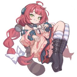 1girl absurdres black_boots black_choker black_sailor_collar blush boots border bow braid cardigan choker green_eyes grin hair_bow highres ketsu_juuji_killer_(kejuki) long_hair long_sleeves looking_at_viewer red_hair sailor_collar simple_background single_sock single_thighhigh smile socks solo striped_clothes striped_socks striped_thighhighs thighhighs twin_braids ukinami_yuzuha very_long_hair white_background white_border white_bow zenless_zone_zero