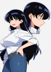 1girl arato_nagi belt black_hair blue_eyes blue_pants blush breasts collared_shirt commentary_request cowboy_shot denim dress_shirt from_side hand_on_own_hip highres jeans large_breasts long_hair multiple_views open_mouth pants portrait ruri_no_houseki sakura_1110ssmm shirt shirt_tucked_in simple_background white_shirt