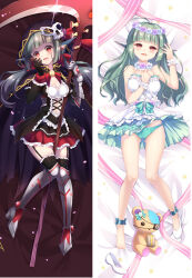 Rule 34 | 1girl, battle girl high school, black dress, blue bow, blue panties, blunt bangs, bow, breasts, cameltoe, cleavage, dakimakura (medium), dress, garter straps, green hair, head wreath, holding, holding scythe, holding wreath, hood, hood up, moeanime, multiple views, open mouth, panties, red bow, red eyes, sadone, scythe, split theme, stuffed animal, stuffed toy, teddy bear, thighhighs, underwear, white dress