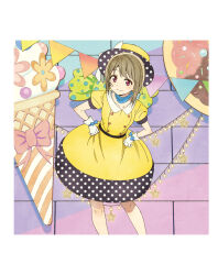 1girl artbook asymmetrical_hair belt bob_cut bow brown_hair buttons dress food gloves grey_hair hat highres ice_cream looking_at_viewer love_live! love_live!_nijigasaki_high_school_idol_club nakasu_kasumi non-web_source official_art oversized_food oversized_object pink_eyes polka_dot polka_dot_headwear poppin&#039;_up!_(love_live!) puffy_short_sleeves puffy_sleeves ribbon short_hair short_sleeves smile solo white_gloves yellow_dress