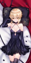 1girl artoria_pendragon_(fate) bare_shoulders bed black_dress black_flower black_gloves black_petals blonde_hair blush breasts bun_with_braided_base choker dark_persona diamond_cutout dress elbow_gloves fate/grand_order fate_(series) flower gloves gold_trim highres looking_at_viewer on_bed petals pillow ribbon_choker saber_alter short_hair shouu-kun sidelocks small_breasts solo thighhighs yellow_eyes