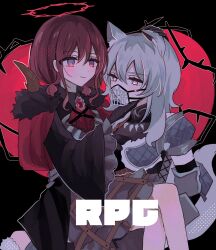 2girls animal_ears armor black_background black_cape black_gloves blue_eyes cape commentary girls_band_cry gloves grey_eyes grey_hair halo hamchan69 hand_on_another&#039;s_chin hand_on_another&#039;s_waist highres iseri_nina kawaragi_momoka long_hair multicolored_hair multiple_girls muzzle_(mask) red_brooch red_hair roots_(hair) short_twintails sitting sitting_on_lap sitting_on_person smile symbol-only_commentary tail thorns twintails wolf_ears wolf_girl wolf_tail yuri
