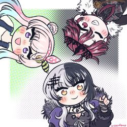 Rule 34 | 1boy, 2girls, :d, airani iofifteen, airani iofifteen (1st costume), arexsudraws, black arm warmers, black choker, black coat, black dress, black hair, blue hair, blue overalls, breasts, choker, cleavage, closed mouth, coat, denim overalls, dinosaur boy, dress, fur-trimmed coat, fur trim, gradient hair, grey hair, grin, hair bun, highres, hololive, hololive english, hololive indonesia, holostars, holostars english, jurard t rexford, light blush, long hair, multicolored hair, multiple girls, one eye closed, open mouth, overalls, pink hair, polka dot hairband, purple eyes, purple hair, ribbon, shiori novella, shiori novella (1st costume), shirt, short hair, single hair bun, smile, split-color hair, striped arm warmers, twintails, two-tone hair, virtual youtuber, white ribbon, white shirt, yellow eyes