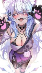 1girl absurdres animal_ear_fluff animal_ears arrow_through_heart bikini black_bikini black_bow black_choker black_gloves black_nails blue_eyes blush bow breasts cat_ears cat_girl choker cleavage fingerless_gloves fishnets gloves hair_bow hair_ornament hairpin heart heart_necklace highres indie_virtual_youtuber jewelry large_breasts long_hair multicolored_eyes necklace o-ring o-ring_choker omoti_(1201208) open_mouth paw_print pink_eyes purple_skirt second-party_source single_fingerless_glove skirt skull_hair_ornament solo spiked_thigh_strap swimsuit teeth tongue tongue_out upper_teeth_only virtual_youtuber white_background white_hair yuni_nya