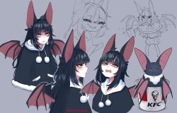 1girl absurdres animal animal_ears artist_name bat_(animal) bat_ears bat_girl bat_wings black_hair closed_eyes commission cropped_torso fangs food fur_trim grey_background grin highres holding holding_food indie_virtual_youtuber kfc long_hair miniskirt moriko_kyoho multiple_views open_mouth original pleated_skirt popcorn popopoka sad skirt smile teeth virtual_youtuber wings yellow_eyes