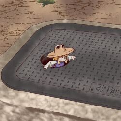 Rule 34 | 1girl, akimizu fall, blonde hair, brown hat, grate, hashtag-only commentary, hat, highres, long sleeves, mini person, minigirl, moriya suwako, outdoors, photo-referenced, sewer grate, short hair, sidelocks, solo, touhou