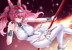 1girl armlet artist_name bare_shoulders black_bow blush bodysuit boots bow breasts collar commentary english_commentary foot_out_of_frame hair_between_eyes hair_bow hair_ornament hairband hand_up headgear high_heel_boots high_heels highres holding holding_polearm holding_weapon hollow_mimikyu jewelry large_breasts long_hair looking_at_viewer lupa_(wuthering_waves) metal_collar metal_hairband multiple_hair_bows parted_lips pink_hair polearm smile solo tail thigh_boots twintails weapon white_bodysuit white_boots wolf_tail wrist_guards wuthering_waves yellow_eyes