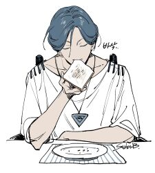 1boy bread bread_slice closed_eyes commentary_request eating facing_viewer food hair_between_eyes holding holding_food ichigo_beeru jewelry korean_commentary korean_text male_focus meguriya_ayumu necklace plate shirt short_hair short_sleeves signature simple_background solo toast toshi_densetsu_kaitai_center translation_request triangle_necklace upper_body white_background