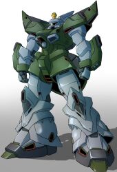 Rule 34 | arm cannon, clenched hands, commentary request, gelgoog, gradient background, gundam, gundam f91 formula report 0122, highres, mecha, mecha focus, missile pod, mobile suit, neo zeon, no humans, one-eyed, rf gelgoog, robot, science fiction, shadow, solo, tatsu (ashcleef), weapon, yellow eyes