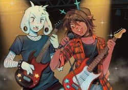 1boy 1girl animal_ears antlers asriel_dreemurr black_choker black_shirt bracelet brown_hair choker commentary december_holiday deer_antlers deer_girl deltarune design_speculation earrings english_commentary face_piercing fishnet_top fishnets freckles furry furry_female furry_male goat_boy goat_ears goat_horns goomyloid guitar guitar_strap highres holding holding_guitar holding_instrument holding_microphone horns instrument jewelry layered_shirt lip_piercing microphone microphone_stand nose_piercing one_eye_closed open_mouth piercing plaid_clothes plaid_shirt plug_(piercing) red_shirt shirt short_hair smile spiked_bracelet spikes white_horns