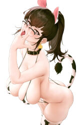 1girl absurdres animal_ears animal_print belt_collar bikini black_hair blush breasts cleavage collar cow_ears cow_print ear_tag heart heart-shaped_pupils highres l_ract large_breasts long_hair looking_at_viewer open_mouth original ponytail semi-rimless_eyewear sexually_suggestive solo swimsuit symbol-shaped_pupils tail thighhighs thighs tongue tongue_out white_background