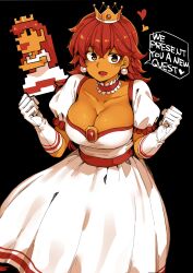 Rule 34 | 1girl, absurdres, breasts, brown eyes, brown hair, cleavage, crown, dark-skinned female, dark skin, dress, earrings, english text, gloves, heart, highres, jewelry, large breasts, long hair, mario (series), nintendo, open mouth, princess peach, puffy short sleeves, puffy sleeves, reference inset, short sleeves, speech bubble, sphere earrings, super mario bros. 1, tadd (tatd), very long hair, white dress, white gloves