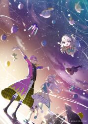 1boy 1girl absurdres animal_balloon aqua_streaks arms_up asymmetrical_sidelocks balloon bare_arms black_boots black_vest blue_shirt blurry boots bow butterfly_hair_ornament buttons closed_eyes coat coattails commentary copyright_notice depth_of_field english_commentary frilled_skirt frills from_below fukkura full_body gloves green_hair green_shoes green_vest guest_art hair_ornament half_gloves hands_on_own_chest highres instrument kamishiro_rui kusanagi_nene lapels light_particles looking_up low-tied_sidelocks multicolored_hair music musical_note nenerobo notched_lapels official_art open_clothes open_coat open_mouth outstretched_arms own_hands_together pants piano pink_bow pink_coat pleated_skirt project_sekai purple_hair robot sekai_symphony shirt shoes sidelocks singing skirt sleeves_rolled_up streaked_hair teeth third-party_source upper_teeth_only vest violin white_gloves white_pants yellow_eyes yellow_skirt
