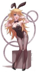 Rule 34 | 1girl, absurdres, animal ears, black bow, black bowtie, black leotard, blonde hair, blue eyes, bow, bowtie, box, breasts, cleavage, detached collar, full body, highres, leotard, long hair, medium breasts, ninon (princess connect!), one eye closed, pantyhose, playboy bunny, pointing, pointing at self, princess connect!, rabbit ears, ruinone, solo, strapless, strapless leotard, wrist cuffs
