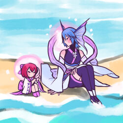 adapted_costume alternate_universe aqua_(kingdom_hearts) bare_shoulders beach blue_hair child detached_sleeves fins hagoromo halo halo_behind_head head_fins highres holding_seashell kairi_(kingdom_hearts) kingdom_hearts kingdom_hearts_birth_by_sleep ookami_(game) ookami_(game)_(style) red_hair ribbon-trimmed_sleeves ribbon_trim shawl soursoppi