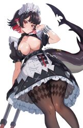 1girl absurdres aki_hoshino apron arm_belt artist_name black_bow black_dress black_hair black_shirt bow breasts candy closed_mouth commentary dress ear_ornament ellen_joe english_commentary fins fish_tail food hair_ornament highres holding holding_candy holding_food holding_lollipop lollipop maid maid_headdress mole mole_under_eye nipples open_clothes open_shirt pantyhose red_eyes red_nails shark_girl shark_tail shirt short_hair solo tail waist_apron white_apron zenless_zone_zero