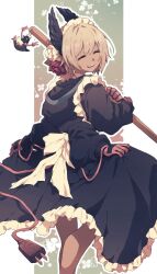 Rule 34 | 1girl, :d, alternate costume, arknights, black dress, commentary, dark-skinned female, dark skin, dress, electric plug, electric plug tail, enmaided, extra arms, facing viewer, feet out of frame, frilled dress, frills, from behind, gloves, grey hair, holding, hood, hood down, hooded dress, lari lab, long dress, long sleeves, maid, maid day, maid headdress, open mouth, outline, pink gloves, raidian (arknights), short hair, skirt hold, smile, solo, standing, tail, turning head, white outline