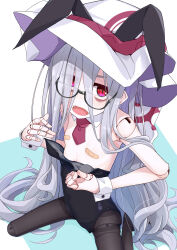 1girl animal_ears bandaid bandaids_on_nipples black_leotard black_pantyhose detached_collar doll_joints fake_animal_ears fangs flat_chest glasses grey_hair highres joints leotard long_hair looking_at_viewer necktie ogami_kazuki open_mouth original pantyhose pasties playboy_bunny red_eyes red_necktie semi-rimless_eyewear short_necktie solo strapless strapless_leotard textless_version under-rim_eyewear very_long_hair wrist_cuffs