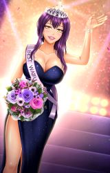 1girl alexis_(fap_ceo) bare_arms bare_shoulders bouquet breasts cleavage dress dutch_angle evening_gown fap_ceo feet_out_of_frame flower indoors large_breasts mature_female purple_hair rose side_slit smile solo stairs standing strapless strapless_dress tiara waving yellow_eyes
