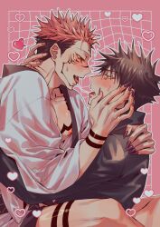 2boys absurdres azukiharuta_ju black_hair black_jacket boy_on_top chest_tattoo facial_tattoo fingernails from_side fushiguro_megumi green_eyes grid_background hand_on_another&#039;s_back hand_on_another&#039;s_face hand_on_another&#039;s_neck heart highres jacket jujutsu_kaisen jujutsu_tech_uniform male_focus multiple_boys nipples open_clothes open_robe pink_background pink_hair red_eyes robe ryoumen_sukuna_(jujutsu_kaisen) saliva saliva_swap saliva_trail sharp_fingernails short_hair tattoo undercut white_robe wrist_tattoo yaoi
