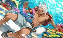 Rule 34 | 2boys, abs, alien, animal ears, belt, black nails, bracelet, bubble, clenched hand, commentary request, coral, dark-skinned male, dark skin, floral print, green shorts, hawaiian shirt, jack howl, jewelry, jip, lilo &amp; stitch, male focus, multiple boys, muscular, muscular male, nail polish, necklace, one eye closed, pectorals, red shirt, sandals, shirt, shorts, stitch (lilo &amp; stitch), tail, toenail polish, toenails, twisted wonderland, underwater, wolf boy, wolf ears, wolf tail, yellow eyes