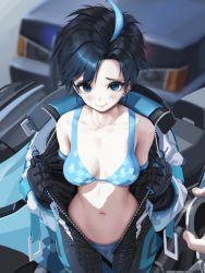 Rule 34 | 1girl, ahoge, bare shoulders, bikini, black gloves, black hair, black survival, blue bikini, blue eyes, blue hair, blush, bodysuit, breasts, cameltoe, car, cleavage, closed mouth, collarbone, commentary request, cowboy shot, cuffs, dyed ahoge, earrings, from above, glint, gloves, handcuffs, jewelry, legs apart, letdie1414, looking at viewer, medium breasts, motor vehicle, motorcycle, multicolored hair, off shoulder, open bodysuit, open clothes, perspective, police car, pov, pussy juice, pussy juice drip through clothes, racing suit, short hair, silvia piquet, smile, solo focus, stud earrings, swimsuit, two-tone hair, undressing, unzipped