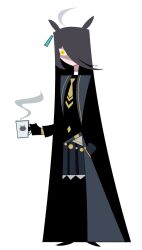 Rule 34 | 1girl, 20years, animal ears, animal print, belt, black belt, black shirt, black skirt, cat print, collared shirt, cup, ear tag, earrings, hair over one eye, highres, holding, holding cup, horse ears, horse girl, jewelry, long hair, manhattan cafe (umamusume), necktie, pleated skirt, shirt, simple background, single earring, skirt, solo, standing, steam, umamusume, very long hair, white background, yellow eyes, yellow necktie