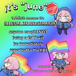 1girl arknights blue_eyes blue_hoodie blue_poison_(arknights) blush bright_pupils chibi chibi_only closed_mouth english_text flag full_body gradient_background hair_between_eyes highres holding holding_flag holding_sign hood hood_down hood_up hoodie it&#039;s_&quot;june&quot;_which_mean_it&#039;s_illegal_to_be_straight_(meme) lgbt_pride long_hair long_sleeves looking_at_viewer meme multiple_views open_mouth pink_hair pride_month rainbow_background rainbow_flag road_sign ruri_(dailybloopy) sign smile standing stop_sign upper_body white_pupils