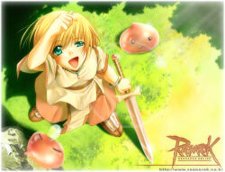 1girl 2000s_(style) :3 :d akiba_yuji bad_id blonde_hair blue_eyes blush brown_shoes from_above full_body grass holding holding_sword holding_weapon looking_at_viewer lowres open_mouth pink_skirt poring ragnarok_online shading_eyes shirt shoes short_hair skirt slime_(creature) smile solo sword swordsman_(ragnarok_online) weapon white_shirt
