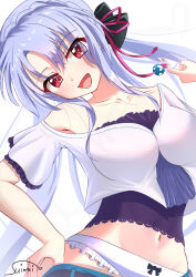 1girl :d absurdres animal_print black_bow blue_hair blush bow bow_panties braid breasts butterfly_print clothes_pull collarbone commentary cowboy_shot cropped_shirt crown_braid dutch_angle eyes_visible_through_hair frilled_panties frills hair_between_eyes hair_bow hair_ribbon hand_on_own_hip hand_up happy head_tilt highres index_finger_raised large_breasts long_hair looking_at_viewer midriff navel open_mouth panties playing_with_own_hair pulling_own_clothes red_eyes red_ribbon ribbon shirt short_sleeves signature simple_background single_bare_shoulder skirt skirt_pull smile solo sorakado_ao suimei_(ramebi3) summer_pockets underwear very_long_hair white_background white_panties white_shirt