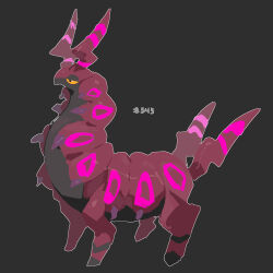antennae black_skin carapace colored_skin dg_jia full_body gen_5_pokemon grey_background nintendo no_humans outline pokedex_number pokemon pokemon_(creature) pokemon_focus red_skin scolipede simple_background spots striped_tail tail white_outline yellow_eyes