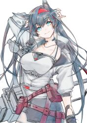 1girl absurdres animal_ears arknights belt belt_pouch black_hair black_skirt blaze_(arknights) blue_eyes breasts cat_ears commentary_request cowboy_shot fingerless_gloves gloves hairband head_tilt highres jacket large_breasts long_hair looking_at_viewer maki-no pouch red_belt red_hairband simple_background skirt smile solo white_background white_jacket