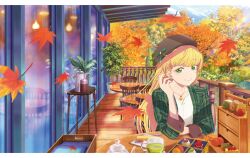 1girl artbook autumn autumn_leaves beret blonde_hair bow chair collarbone cup day earrings food fruit green_eyes hat heanna_sumire highres jacket jewelry leaf long_hair looking_at_viewer love_live! love_live!_superstar!! maple_leaf necklace non-web_source official_art outdoors plaid_clothes plaid_jacket shirt sitting smile solo table teacup teapot tree white_shirt window wooden_chair