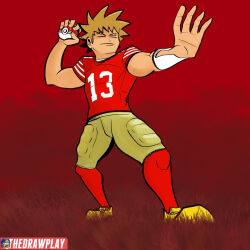 Rule 34 | 1boy, american football, american football uniform, brock (pokemon), brock purdy, brock purdy (cosplay), brown hair, closed eyes, commentary, cosplay, dave rappoccio (drawplaydave), english commentary, highres, holding, holding poke ball, name connection, national football league, nintendo, poke ball, pokemon, pokemon rgby, san francisco 49ers, single wrist guard, solo, spiked hair, sportswear, watermark