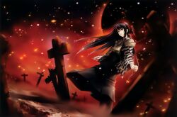 1girl absurdres apocalypse black_dress black_hair black_moon bow cartagra cross dress hair_bow highres holding japanese_clothes jewelry kouzuki_kazuna long_hair moon outdoors pendant red_bow red_sky scan scarf sky snowing sugina_miki tears yagasuri