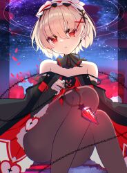 Rule 34 | 1girl, arcaea, bare shoulders, black pantyhose, black ribbon, blonde hair, clover 39, collarbone, commentary request, crystal, detached collar, double strap slip, dress, feet out of frame, field, flower, flower field, frilled hairband, frills, hair between eyes, hair ornament, hairband, highres, looking at viewer, neck ribbon, night, night sky, outdoors, pantyhose, parted lips, red eyes, red flower, red petals, ribbon, short hair, sky, solo, tearing up, tombstone, vita (arcaea), x hair ornament
