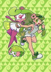 1girl :d bear_ringer bracelet clenched_hand commentary_request creatures_(company) flower game_freak gen_4_pokemon gen_7_pokemon green_background green_eyes green_hair green_shoes hair_flower hair_ornament happy highres holding holding_poke_ball jewelry leg_up legendary_pokemon long_hair mallow_(pokemon) mythical_pokemon nintendo open_mouth overalls pink_flower pink_shirt poke_ball poke_ball_(basic) pokemon pokemon_(creature) pokemon_sm shaymin shaymin_(land) shirt shoes smile swept_bangs teeth tsareena twintails upper_teeth_only
