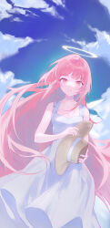1girl absurdres alternate_costume arknights blue_sky breasts choker cloud collarbone commentary detached_wings dress energy_wings halo hat highres holding holding_unworn_clothes holding_unworn_hat lemuen_(arknights) looking_at_viewer medium_breasts outdoors paya_32 pink_eyes pink_hair sky sleeveless sleeveless_dress smile solo standing sun_hat sundress unworn_hat unworn_headwear white_choker white_dress white_halo wings