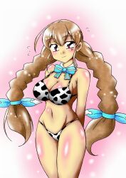 1girl animal_print aqua_bow aqua_ribbon arms_behind_back bikini bow bowtie braid breasts brown_hair cleavage cow_print cow_print_bikini cowboy_shot dorothy_(grimms_echoes) flying_sweatdrops grimms_echoes hair_bow large_breasts long_hair navel pink_eyes print_bikini ribbon smile solo striped_bow swimsuit twin_braids uni-kuro