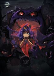 1girl acerola_(pokemon) bare_tree gastly gen_1_pokemon gengar haunter limited-access looking_at_viewer moon night night_sky nintendo one_eye_closed open_mouth outdoors pokemon pokemon_(creature) pokemon_sm purple_eyes purple_hair rayman_limbs red_eyes sky tombstone tongue tongue_out tree