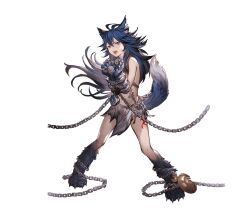 1girl animal_ear_fluff animal_ears blue_hair chain chained chained_wrists fang fenrir_(shingeki_no_bahamut) granblue_fantasy hair_between_eyes leg_tattoo long_hair official_art red_eyes restrained solo tail tattoo teeth upper_teeth_only wolf_ears wolf_girl wolf_tail