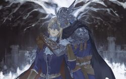 Rule 34 | 1boy, 1girl, armor, ascot, blonde hair, blue surcoat, brother and sister, cape, duchess (elden ring), elden ring, elden ring nightreign, eye mask, full armor, geranbb, gloves, helmet, highres, hug, siblings, white ascot, white gloves, winged helmet, wylder (elden ring)