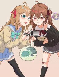 3girls absurdres ahoge angry animal_ears annytf aqua_bow aqua_bowtie bandaid bandaid_on_knee bandaid_on_leg black_cardigan black_skirt black_socks black_thighhighs blue_eyes blue_sailor_collar blue_skirt blush bow bowtie broken_heart broken_heart_hair_ornament brown_hair calling camera cardigan chatgpt closed_mouth collared_shirt commentary dress_shirt english_commentary evil_neuro-sama feet_out_of_frame fox_ears fox_girl from_side hair_between_eyes hair_ornament hair_ribbon heart highres holding holding_camera holding_phone long_hair long_sleeves multiple_girls neuro-sama off-shoulder_cardigan open_mouth phone pleated_skirt polka_dot polka_dot_background purple_eyes red_bow red_bowtie red_eyes red_ribbon ribbon sailor_collar shirt siblings sisters skirt skull_hair_ornament socks standing tearing_up thighhighs turtle twins user_acidrain vedal987 vedal_ai virtual_youtuber white_shirt yellow_cardigan