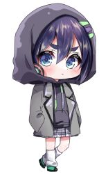 1girl black_hair black_hoodie blazer blue_eyes blush chibi chibi_only closed_mouth frown green_shoes grey_jacket grey_skirt hair_between_eyes hands_in_pockets haraga_kurumi headphones headphones_around_neck hood hood_up hoodie jacket kimi_no_koto_ga_dai_dai_dai_dai_daisuki_na_100-nin_no_kanojo kneehighs long_sleeves looking_at_viewer loose_socks miniskirt ohananomitsu_middle_school_uniform pleated_skirt school_uniform shoes short_hair simple_background skirt sneakers socks solo standing thick_eyebrows v-shaped_eyebrows white_background yumenobetsu