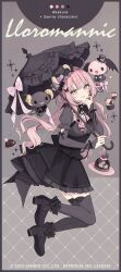 1girl 2025 absurdres akakura artist_name berry_(sanrio) black_boots black_dress black_pantyhose black_ribbon black_shrug boots butterfly_hair_ornament cake character_name cherry_(sanrio) closed_mouth copyright_name copyright_notice dress floating_hair food full_body fuwa_fuwa_cinnamoroll hair_ornament high_heel_boots high_heels highres lloromannic pantyhose ribbon sanrio short_sleeves shrug_(clothing) smile solo striped_clothes striped_pantyhose tongue tongue_out