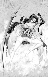 1girl after_rape after_vaginal aftersex armpit_crease armpit_peek arms_up bare_shoulders bell black_gloves black_long_gloves blunt_bangs blush bow censored chinese_commentary cleft_of_venus collarbone commentary_request crotch cum cum_in_pussy cum_on_body cum_on_chest cum_on_hair cum_on_neck cum_on_upper_body defeat elbow_gloves empty_eyes facial fat_mons forest full_body gloves gluteal_fold grass greyscale groin hair_bow highres japanese_clothes katana kimono kimono_pull kimono_skirt legs_apart long_glove long_hair long_sleeves looking_afar miko miko_outfit monochrome mons_pubis mosaic_censoring nature no_panties no_shoes obi off_shoulder on_ground onmyoji open_clothes open_kimono open_mouth pussy qisu ribbon-trimmed_thighhighs ribbon_trim rolling_eyes rope sash shimenawa solo sword thick_eyebrows thighhighs tongue tongue_out tree w_arms weapon white_thighhighs wide_sleeves youtou_hime_(onmyoji)