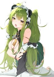 1girl absurdres ahoge alternate_costume bow breasts commentary_request detached_sleeves girls&#039;_frontline green_hair green_skirt hair_bow highres large_breasts long_hair looking_at_another m950a_(girls&#039;_frontline) maid maid_headdress open_mouth pleated_skirt skirt solo thighhighs white_thighhighs yanagui_yugi yellow_eyes